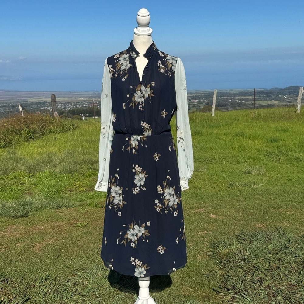 Joie Abbryana Blue Silk Chiffon High Neck Floral Midi Dress Size 6